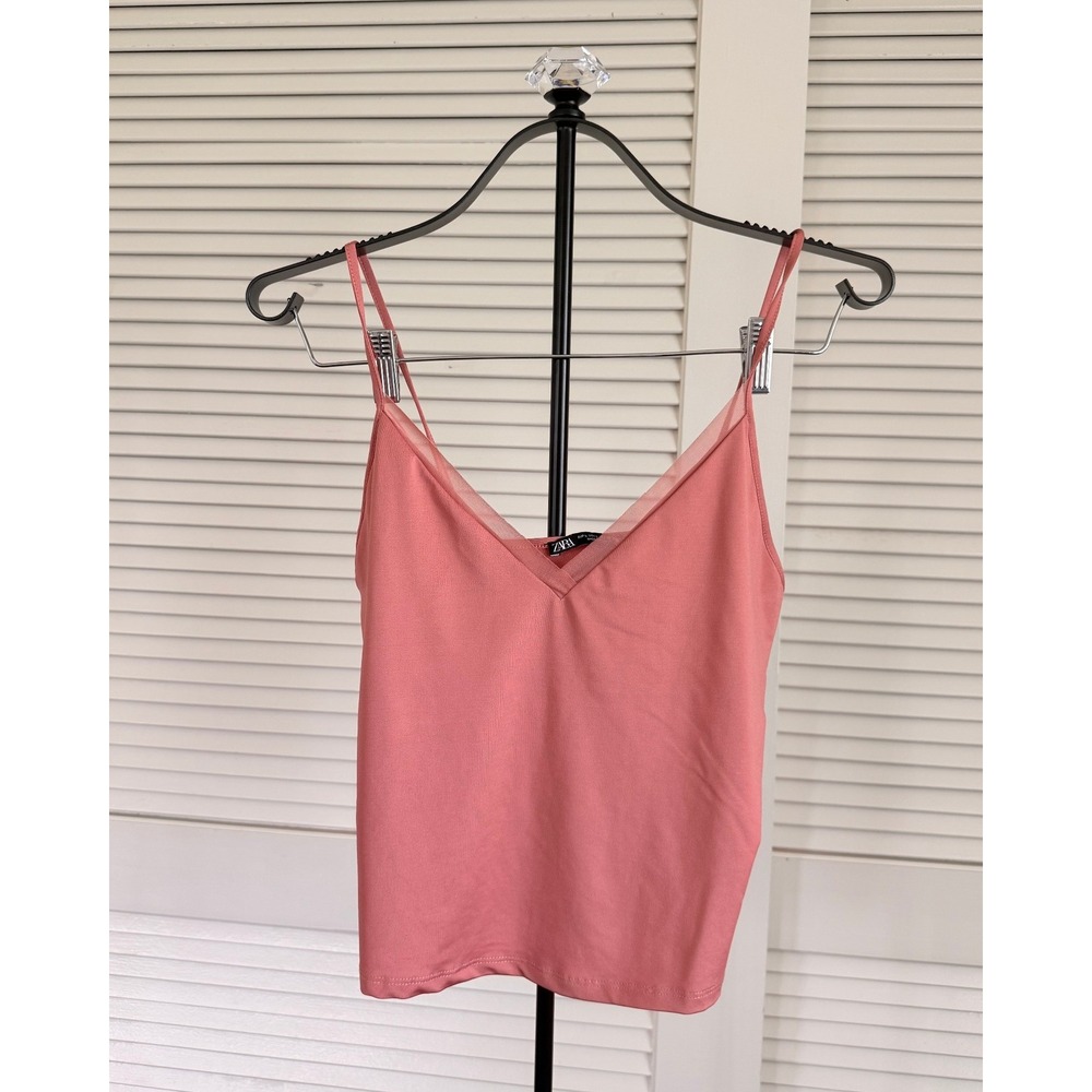 ZARA V-Neck Camisole Tank Top Large Pink Mesh Trim Spaghetti Strap